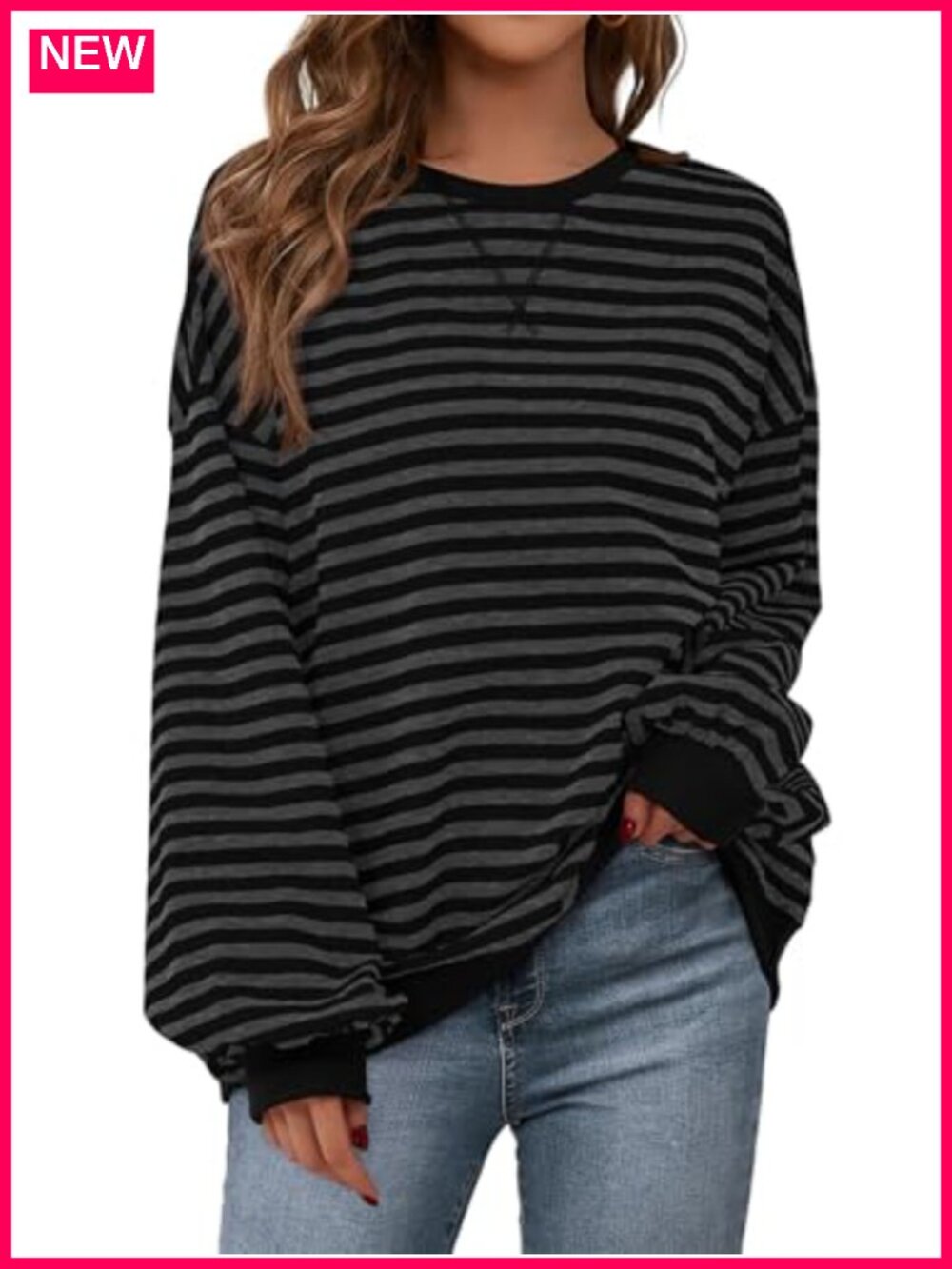 Striped Oversized Sweatshirt 95% Cotton 5% Elastane Long Sleeve Crewneck